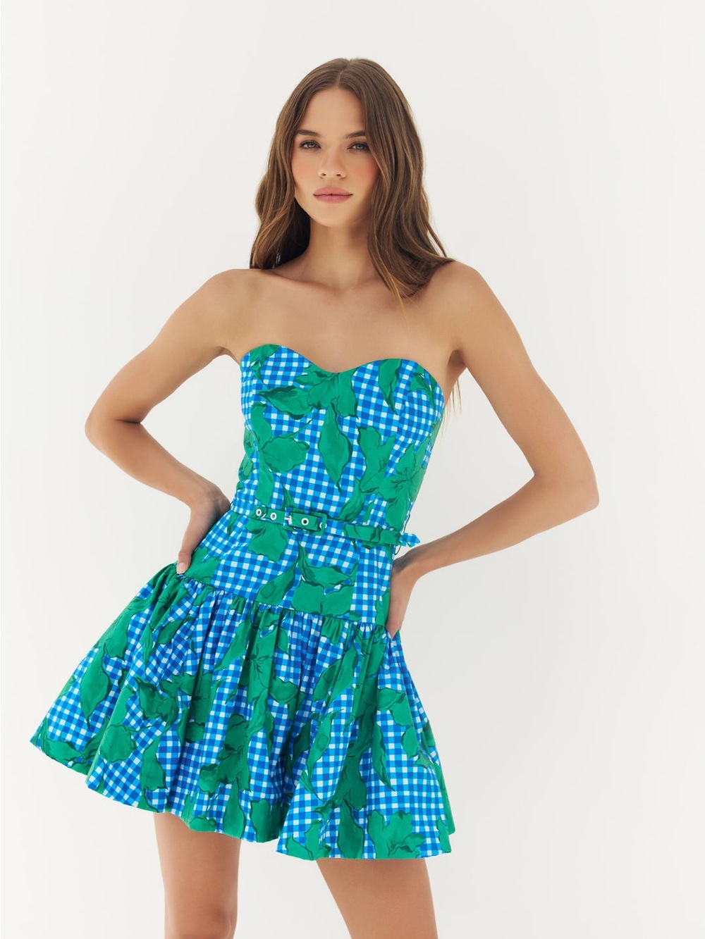 Hutch Junie Dress Size 2 NWT | Blue Green Gingham Floral Mini Dress
